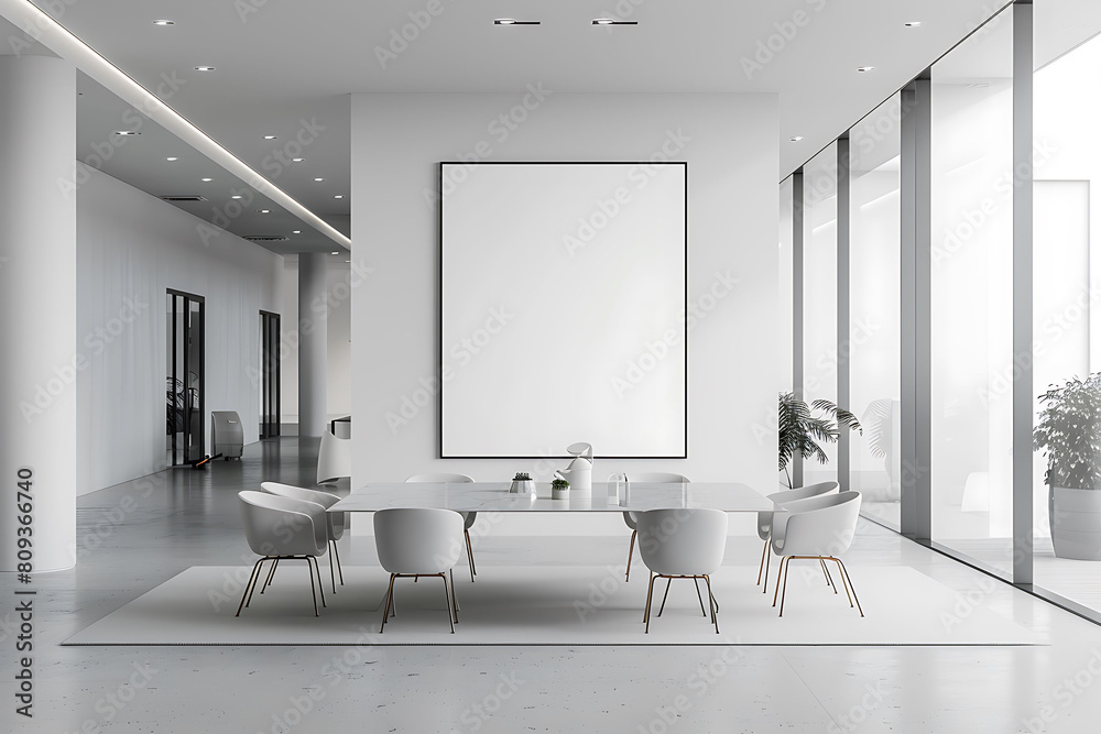 Poster white frame mockup against a cozy, clutter-free office background. opt for simplicity and neatness i