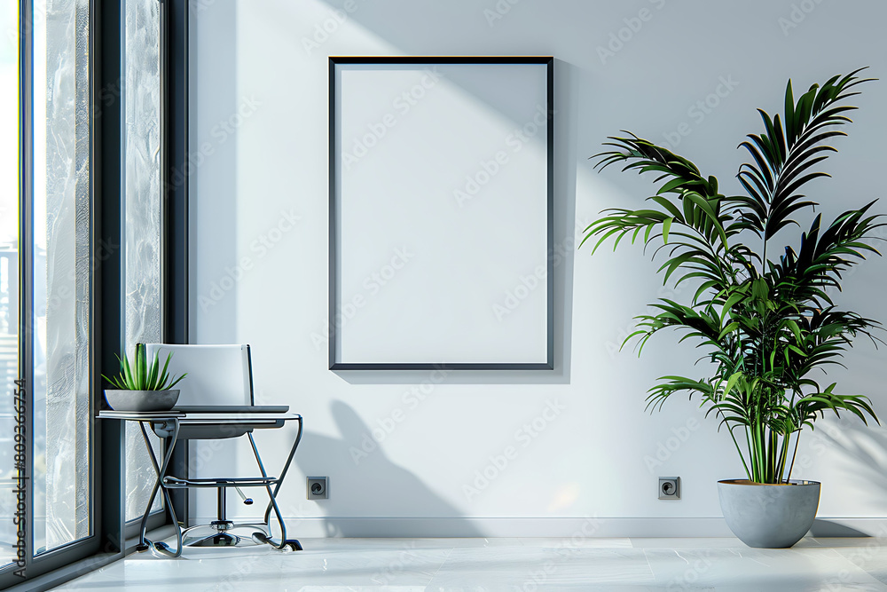Poster white frame mockup against a cozy, clutter-free office background. opt for simplicity and neatness i