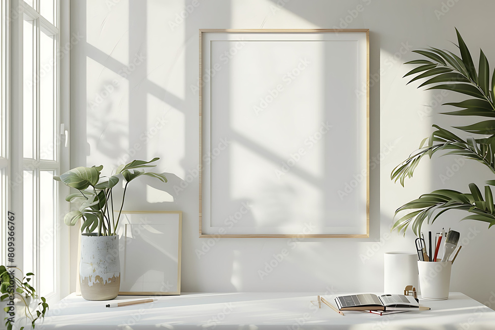 Poster mockup frame in a clean, modern office setting. Emphasize simplicity and minimalism for a sleek design