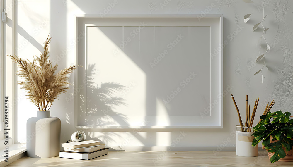 Poster mockup frame in a clean, modern office setting. Emphasize simplicity and minimalism for a sleek design