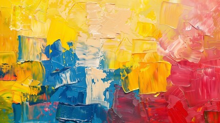 Abstract colorful oil painting on canvas texture. Semi- abstract image of landscape paintings background. Modern art oil paintings with yellow, red and blue. Abstract contemporary art for background