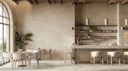 Cozy beige restaurant interior with bar counter and dining tables. Mock up wall realistic