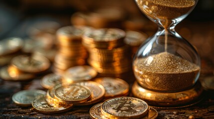 Time is money concept with hourglass and bitcoin