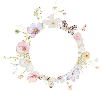 spring floral frame pastel flowers with butterflies wildflower wreath design png transparent background collection garden flowers botanic Wedding floral design