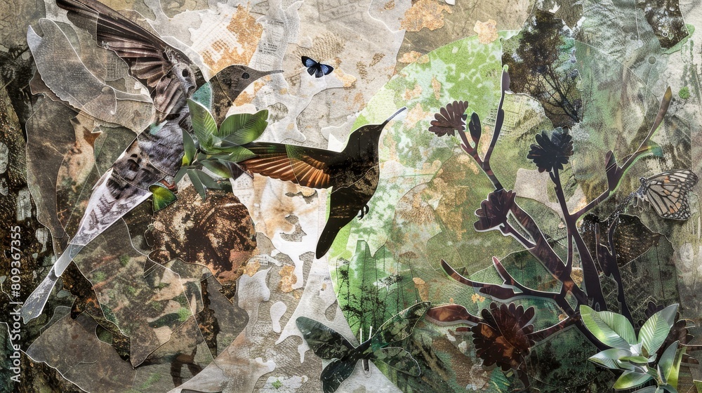 Wall mural eco friendly collage recycled materials, green tones, nature, wildlife imagery, ai generated