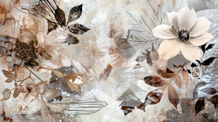 Nature inspired collage art Organic textures, leaves, flowers, earthy tones, Ai Generated