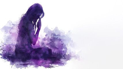Purple watercolor paint of A girl bowing her head in prayer to God