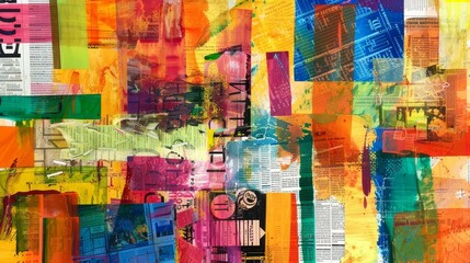 Fototapeta premium Vibrant mixed media collage Abstract patterns, newspaper clippings, vivid colors, Ai Generated