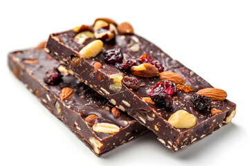 a close up of a chocolate bar with nuts and dried fruit