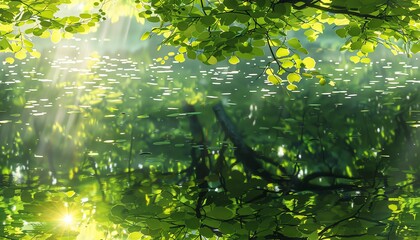 Capture the essence of Impressionism amidst a lush, sunlit forest canopy Showcase dappled sunlight filtering through leaves, reflecting on a serene pond from a birds eye view