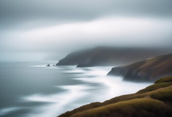 Fototapeta premium illustration, capturing coastal ethereal beauty foggy coastal landscapes, misty, ocean, shore, hazy, seascape, scenery, vista, coastline, mist, horizon
