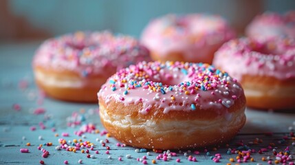 Delicious pink frosted donuts with colorful sprinkles