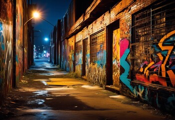 Fototapeta premium illustration, urban abstract street emphasizing street art beauty, graffiti, decay, textures, city, vandalism, spray, paint, murals, decaying, neglected