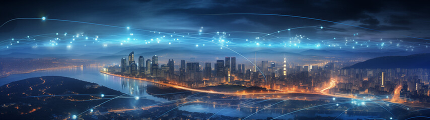 Obraz premium Starry Night Over Modern City with Network Connections