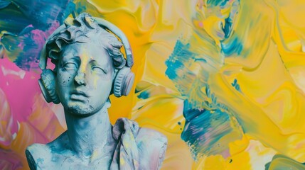 Gypsum statue with headphones on vibrant abstract art. Fashionable wallpaper, Ai Generated