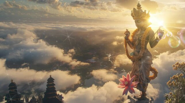 an illustration of a Hindu god above a beautiful cloud. seamless looping time-lapse virtual 4K video Animation Background.