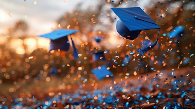 A group of graduation caps being thrown in the air with confetti. 
