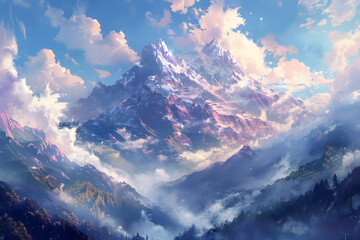 A serene and majestic mountain landscape with cloudy skies, perfect for travel and adventure usage.
