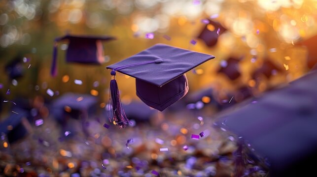 A group of graduation caps being thrown in the air with confetti. 