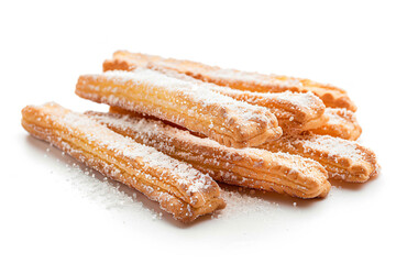 a pile of sugared doughnuts on a white surface