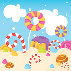 Colored candy land landscape Sweet place Vector illustration