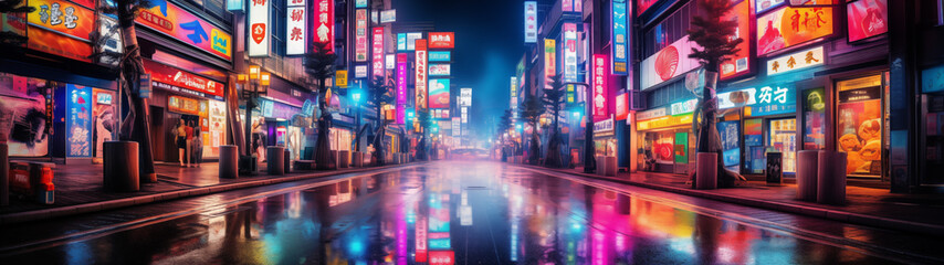 Vibrant Neon Lights in a Rainy Urban Street Scene
