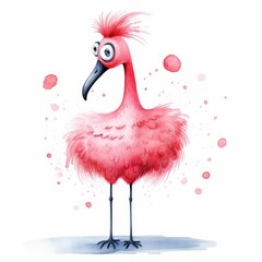 Whimsical watercolor flamingo with fluffy features and polka dots, isolated on white, Ai Generated