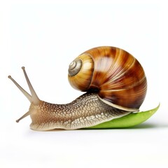 A lone garden snail crawls gracefully on a pristine white background, Ai Generated