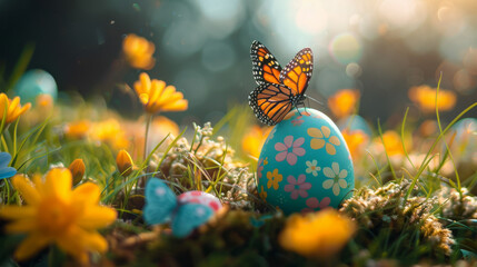 A butterfly sits on top of a painted egg in a field of yellow flowers