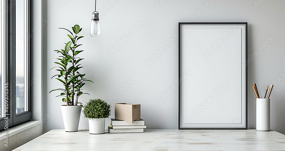 Poster white frame mockup in a serene, well-organized office environment. Keep the design minimal and clean with a tidy table