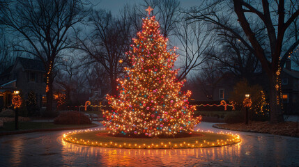 A Christmas tree with lights is lit up in a park
