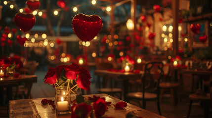A romantic dinner with red balloons and candles