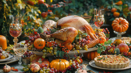 A table is set with a large turkey, a variety of fruits and vegetables