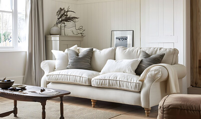 rustic charm of a farmhouse living room, blending modern elements with Scandinavian vibes Including a cozy sofa