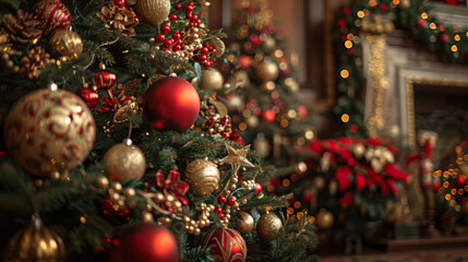 A Christmas tree with many gold and red ornaments