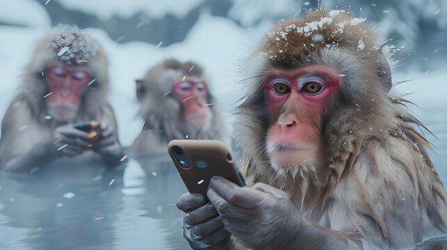 Creative Animal pet character with technology. Funny japanese snow monkey hipster using a mobile phone in hot spring water spa bath, geothermal pool in Japan. Background of winter snowy landscape.
