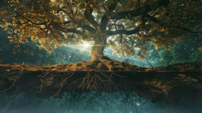 a tree root that juts out into a very beautiful and amazing valley. seamless looping time-lapse virtual 4k video Animation Background.