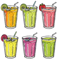 Six colorful smoothie drinks clear glasses garnished, sketched style, vibrant colors, drink displays different color garnish suggesting various flavors, outlined drawing. Smoothie
