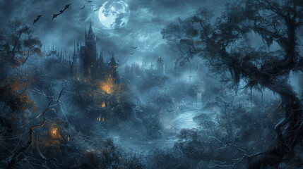 A dark and eerie forest with a castle in the background