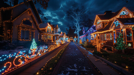 A street is lit up with Christmas lights and decorations