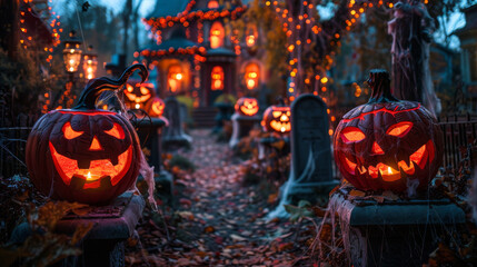 A path with pumpkins and a house with a graveyard in the background