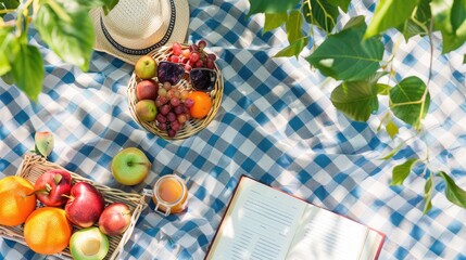 A plantbased picnic blanket with a variety of natural foods and a book on a beach with grass patterns, creating an artistic and relaxing atmosphere AIG50