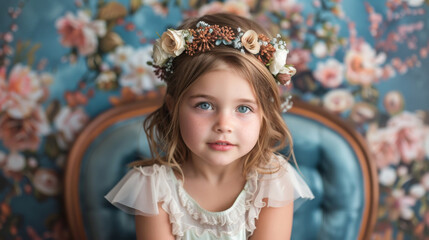 A young girl wearing a flowery headband sits on a blue chair