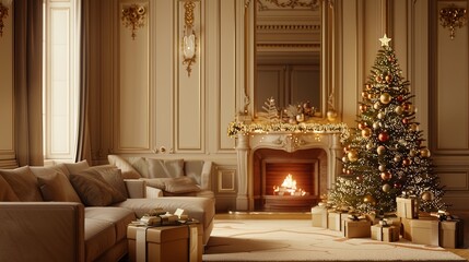 Elegant Christmas tree and cozy fireplace in a spacious living room, forming a captivating diorama.