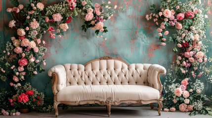 A couch is surrounded by flowers and is the center of attention in a room