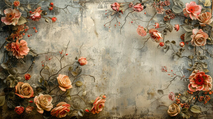 A painting of a wall with a flowery border and a large rose in the center