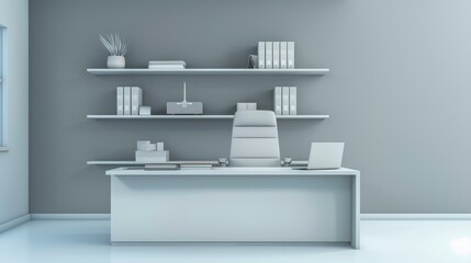 Modern office space design with ergonomic chair and shelving, Ai Generated.