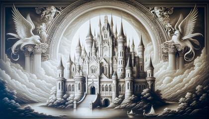 Beautiful enchanted magical castle stands majestically, surrounded by mist, glowing softly, exuding an aura of mystery and fantasy.