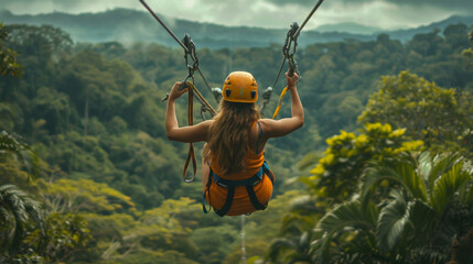 A woman is hanging from a Zip line in a lush green forest