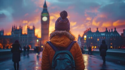 Twilight Beauty: Young Woman Poses in Front of Iconic Big Ben